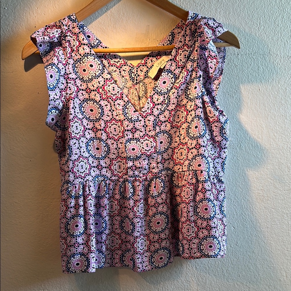 White and Purple Ruffled Peplum Sleeveless Blouse